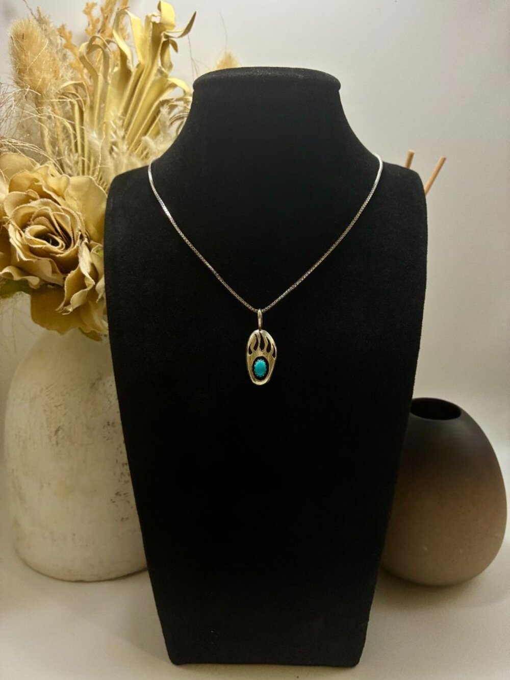 Robert Platero Navajo Bear Paw Pendant 925 Sterling Silver Turquoise Necklace